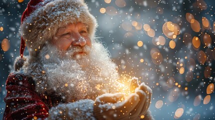 Santa Claus Holding Sparkling Lights in Snowy Forest