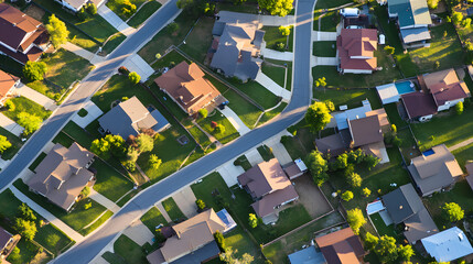 Aerial Perspective of a Varied Neighborhood Highlighting Property Value and the Ramifications of Property Taxes on Diverse Housing.