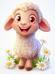 A cute cartoon sheep with a big smile standing in a field of daisies.