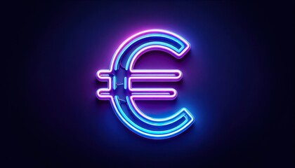 Neon euro symbol in purple Circle shape Dark purple brick wall background Cyberpunk style Digital art Currency icon