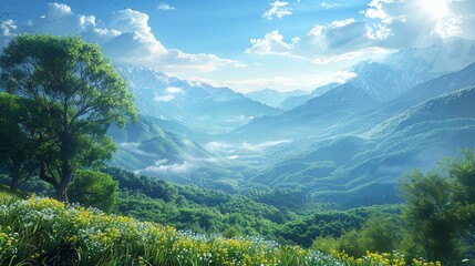 Naklejka premium Mountain ecosystems where floracovered slopes help to reduce echoing noise, flora ecosystems noise, mountain sound absorption