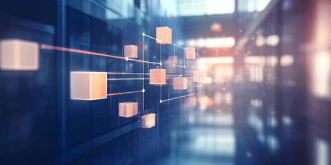 glass-like surface with a network diagram or flowchart superimposed on it. The chart consists of interconnected rectangles and arrows, representing a process, system, or workflow
