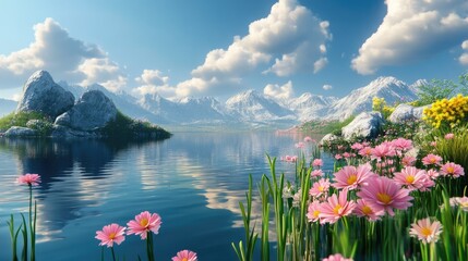 beautiful mountain landscape with lake and flowers and clouds
