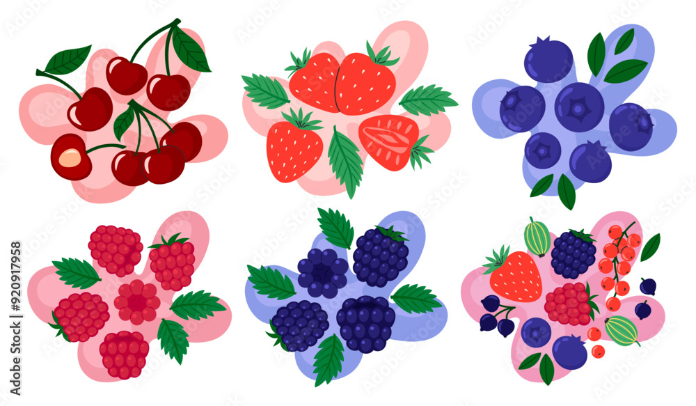 Wall mural berries set on abstract background. cherry, raspberry, blueberry, blackberry, strawberry and other b