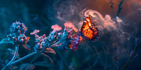 Bright colorful blue morpho butterfly on a flower