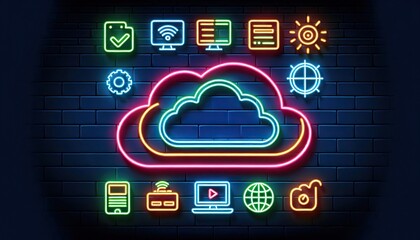 Fototapeta premium Neon cloud computing icon surrounded by app and device symbols Dark background Cyberpunk style Digital art Technology concept