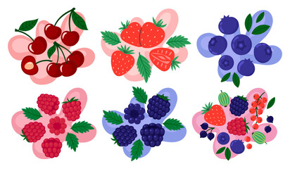 Berries set on abstract background. Cherry, raspberry, blueberry, blackberry, strawberry and other berry taste. Fresh summer juicy berry. Flat Vector illustration