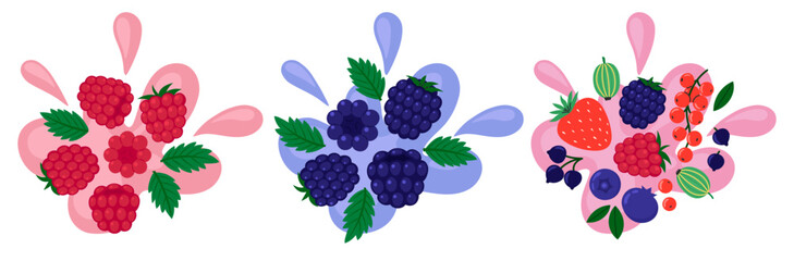 Berries set on abstract background. Raspberry, blackberry and other berry taste. Fresh summer juicy berry. Flat Vector illustration
