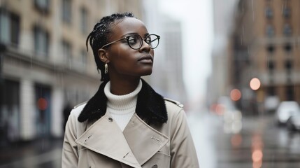 Fototapeta premium Elegant Model in Classic Trench Coat Walking on Rainy Urban Street - Sophisticated Fashion in the City