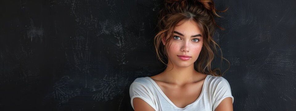  A woman stands before a black wall, her messy topknot atop unbrushed hair gathered into a bun