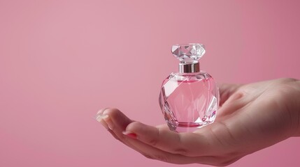 Sparkling Elegance - Female Hand Holding Luxurious Perfume Bottle for Fragrance Advertising