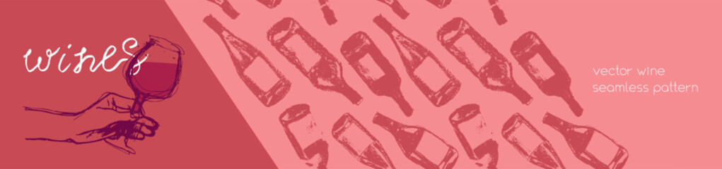 Template wine banner featuring a seamless pattern of red wine bottles. Hand-drawn vector illustrations of red and white wine. Winery web banner design with a grape alcohol pattern.