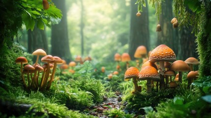 Enchanting forest scene with various mushrooms growing amidst lush greenery, leaving a clear space in the center for your text.