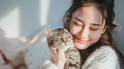 Happy young asian woman hugging cute cat in living room at home Adorable domestic pet concept