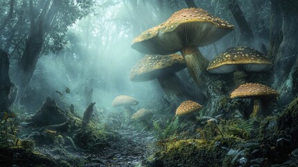 Obraz premium Enchanting forest scene featuring a variety of mushrooms with a soft mist, leaving room in the center for your text.