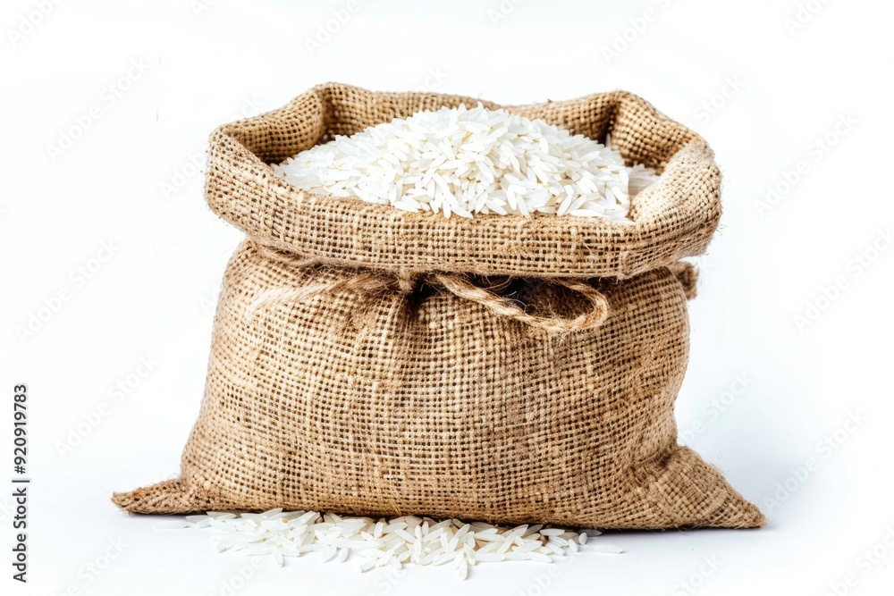 Poster Handpicked Basmati Rice in Natural Burlap Bag on White Background