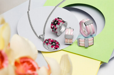 Elegant jewelry set with gemstone. Product still life. Ring, necklace, earrings.