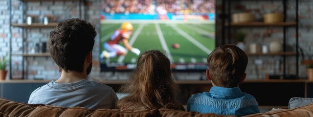 Obraz premium A gathering of individuals seated on a large couch, facing a TV broadcasting a football match on a substantial screen