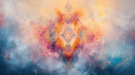 Ethereal abstract composition with a fusion of sacred symbols and gentle hues, promoting spiritual unity