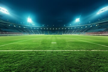 Fototapeta premium A vast sports field under floodlights, prepared for soccer, football, or rugby matches, with empty