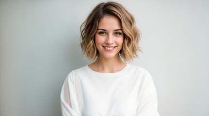 Obraz premium Blue-eyed woman with wavy hair smiling softly at the camera 