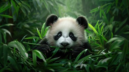 Naklejka premium Adorable Baby Panda Enjoying Bamboo Feast in Lush Green Jungle Ambience