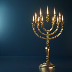 A 3D render of a golden menorah on a dark blue background, ideal for a Hanukkah banner with ample