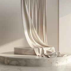 An ultra sharp 3D rendering a product display podium draped with a flying neutral color silk cloth