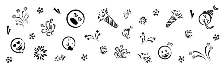 Collection of sketch birthday celebration elements. Cute line doodle emoji, fireworks, sparks, rainbow, stars, confetti. Squiggle drawings. Vector illustration
