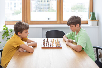 Two brothers are having fun at home playing chess