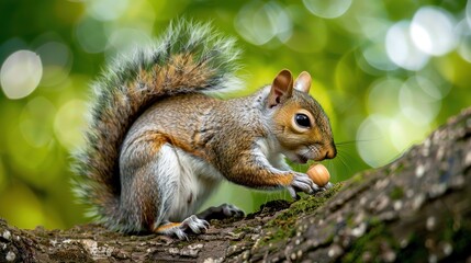Fototapeta premium Curious Squirrel Enjoying an Acorn Snack on Tree Branch