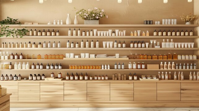 A store with shelves full of products, including a vase with flowers on top