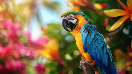 Vibrant Parrot Perched on Tropical Tree Branch with Bright Flowers in Background