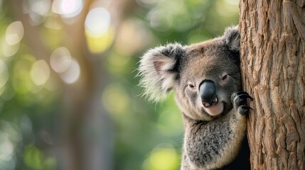 Fototapeta premium Sleepy Koala Bear Clinging to Eucalyptus Tree in Contentment