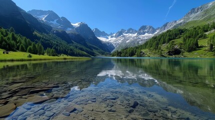 serene beauty of an alpine lake surrounded by snow-capped peaks. 