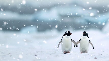 Obraz premium Adorable Penguins Waddling Across Snowy Landscape with Falling Snowflakes