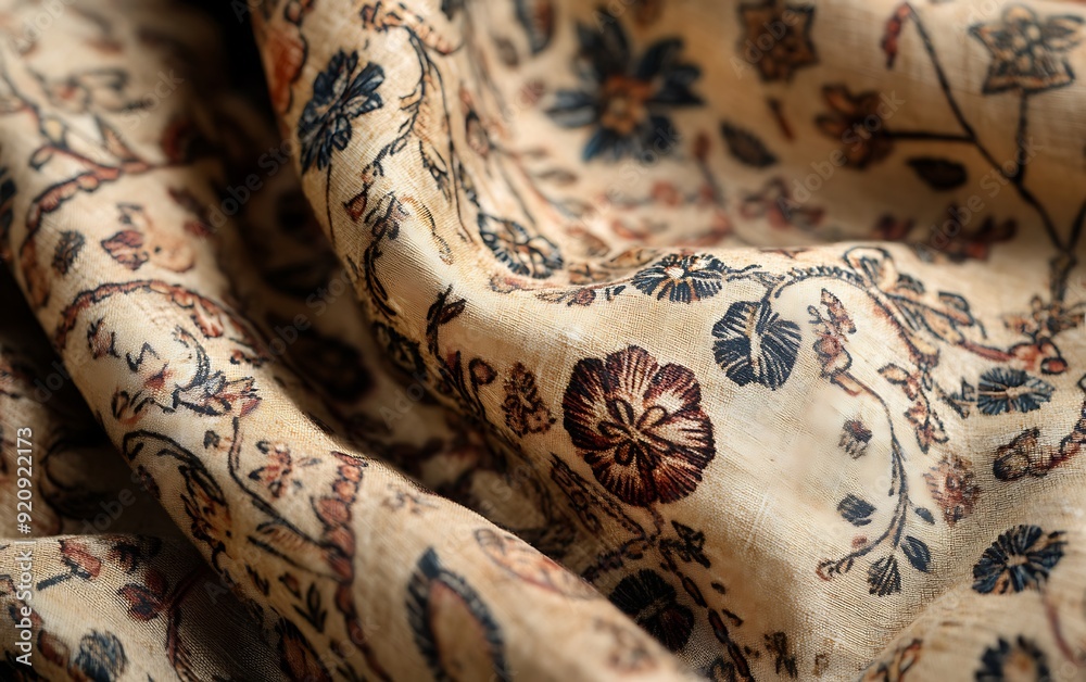 Poster Background Showcasing Indian Block-Printed Cotton Fabric with Intricate Floral Patterns