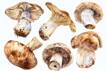 Fototapeta premium Organic Mushroom Set. Watercolor Illustration of Fresh Straw Mushrooms for Asian Cooking