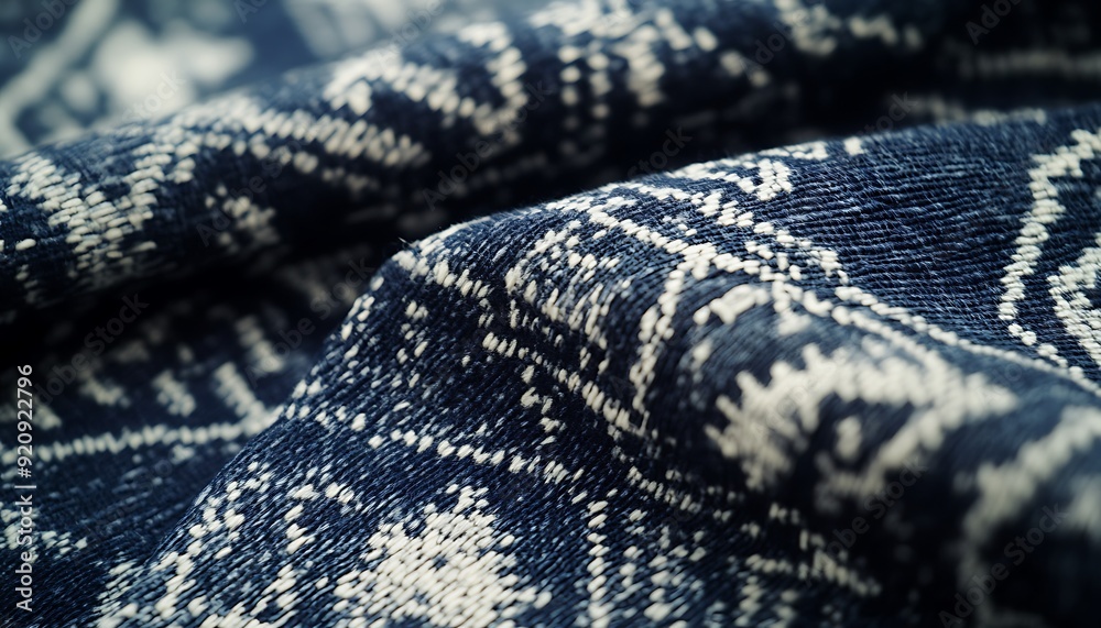 Poster close-up of ikat fabric from southeast asia with intricate indigo patterns
