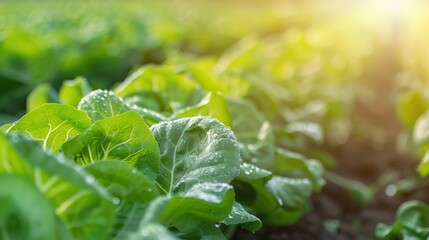 Serene Morning at a Lush Lettuce Farm - Rows of Green Leaves Glistening with Dew in Soft Daylight