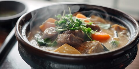 Hot vegatble stew in a black bowl. Carrots, potatoes and pork meat comfort warm meal