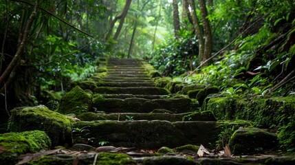 Fototapeta premium Moss-covered stone steps winding through a dense, dark forest with lush green foliage.