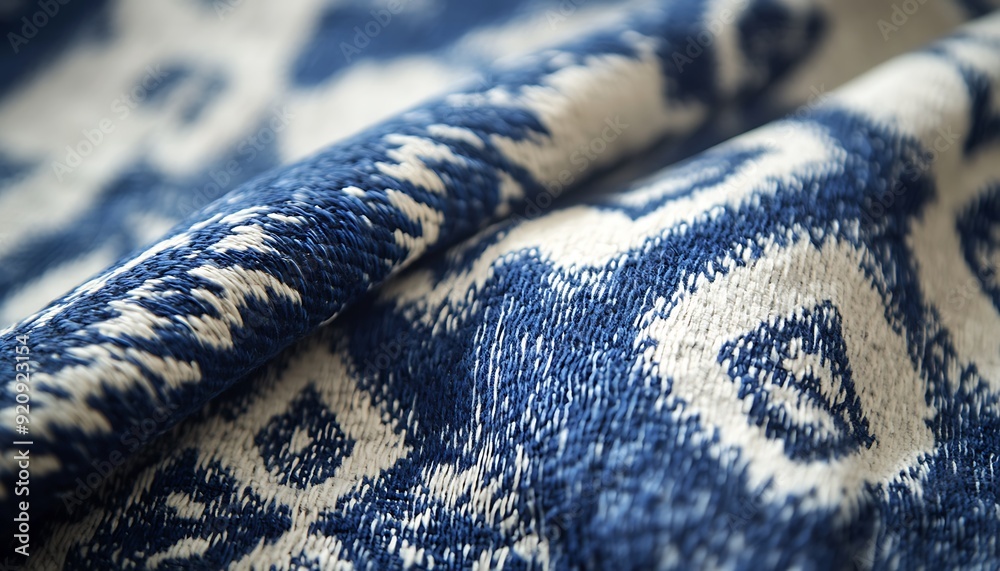 Poster close-up of ikat fabric from southeast asia with intricate indigo patterns