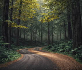 Obraz premium A winding road in a forest with trees on both sides
