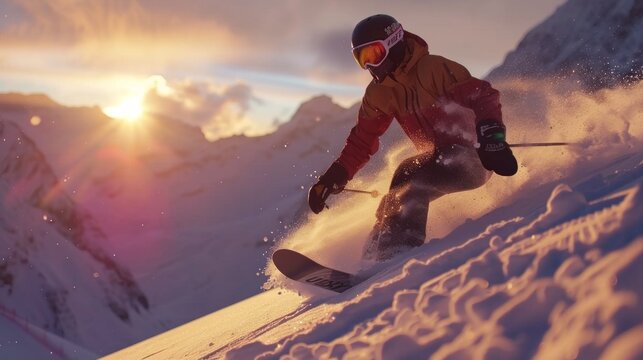 Snowboarder, carving down snowy slope, sunset glow, snow flying, dynamic motion, mountains in background, exhilarating atmosphere. Ideal for winter sports, adventure, action themes.
