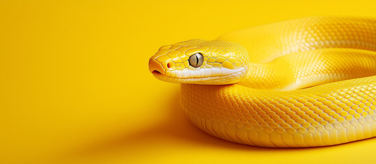 Fototapeta premium Yellow snake on yellow background with copy space