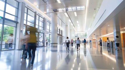 A busy, modern lobby with diverse people in motion captured in dynamic time-lapse style. Daily life unfolding in a fast-paced city setting with a hint of health consciousness.