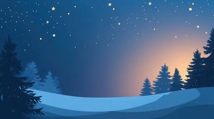 Naklejka premium Winter Night Snowy Landscape with Starry Sky, Pine Trees, and Moonlight - Christmas Vector Illustration for Holiday Cards and Scenic Seasonal Decorations