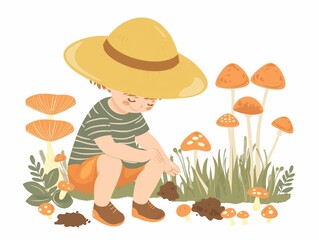 Child picking up mushrooms illustration. AI generated