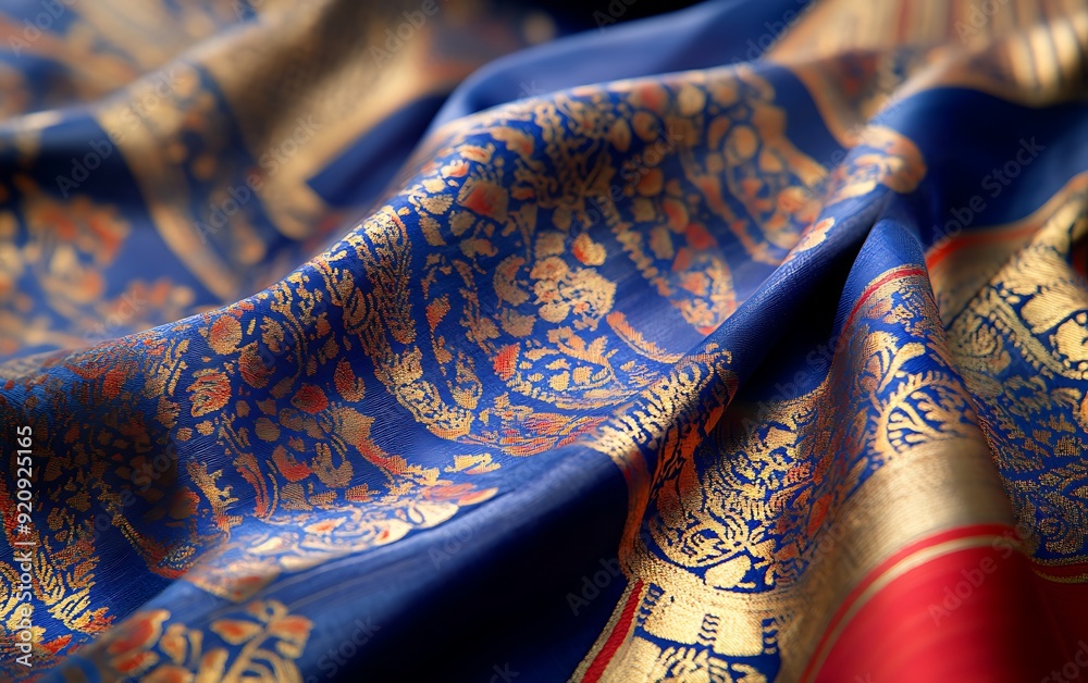 Poster detailed shot of handwoven sari from india with intricate gold patterns